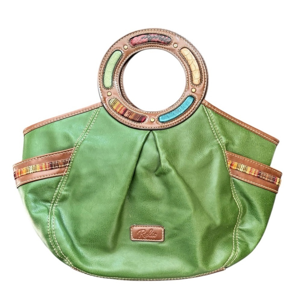 VTG 80’s Relic Green Leather Clutch Round Handle Handbag Side Pockets Snap Close